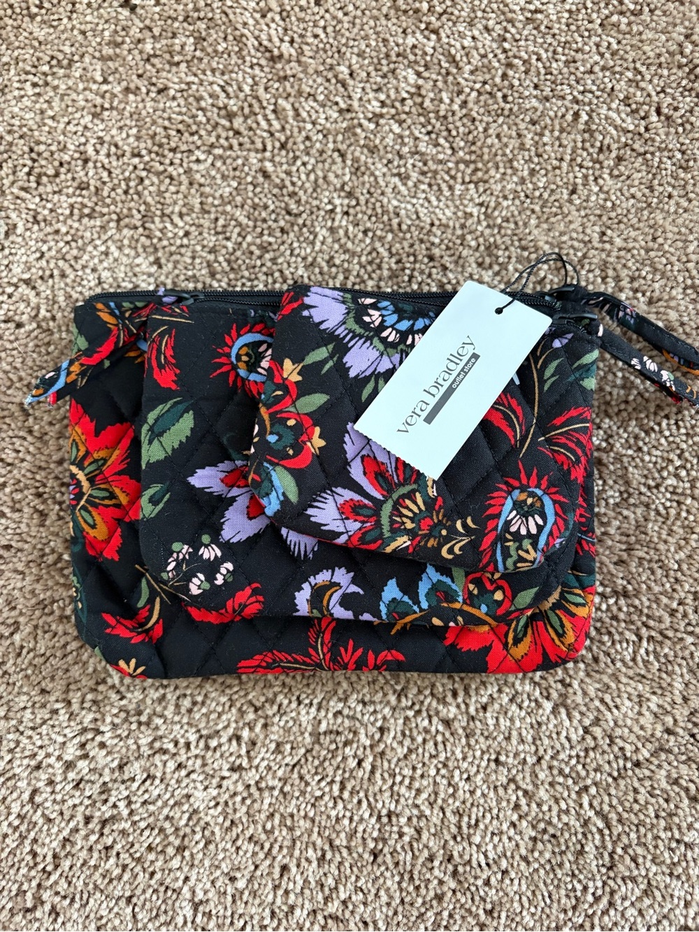 Vera Bradley Black Floral Quilted cosmetic trio set